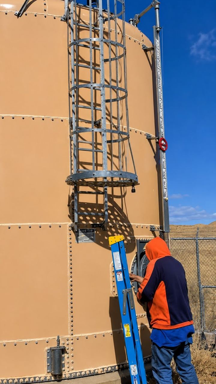 Water operator inspecting a bolted-steel storage tank and its caged ladder during a site survey