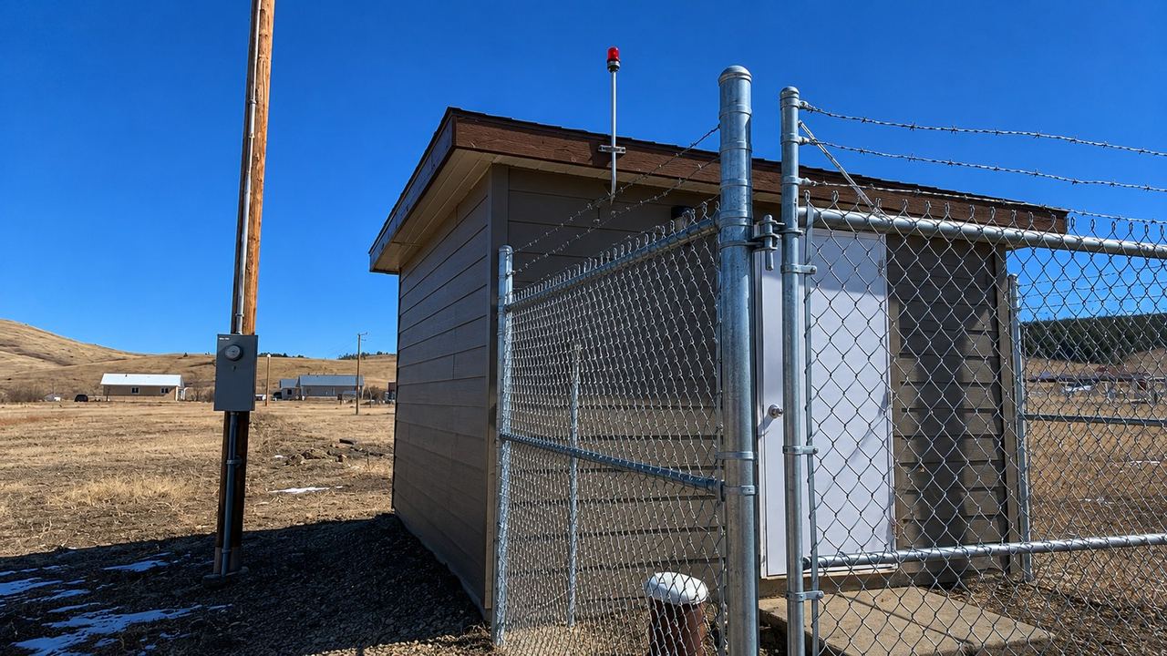 Fenced concrete well house on a cold, dry winter day