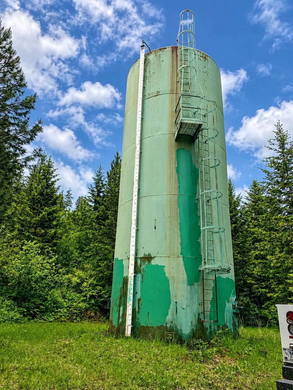 Green riveted-steel standpipe water tower in a forest clearing