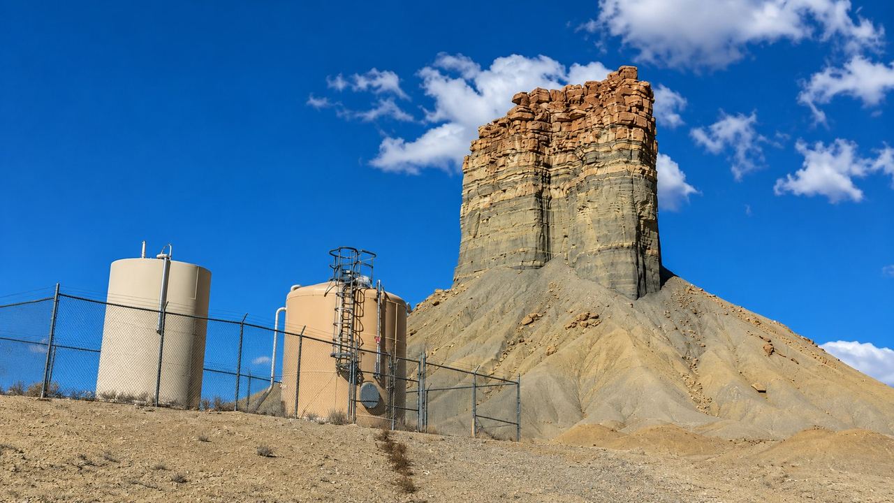 Ground storage tanks below an eroded rock butte at a rural water site