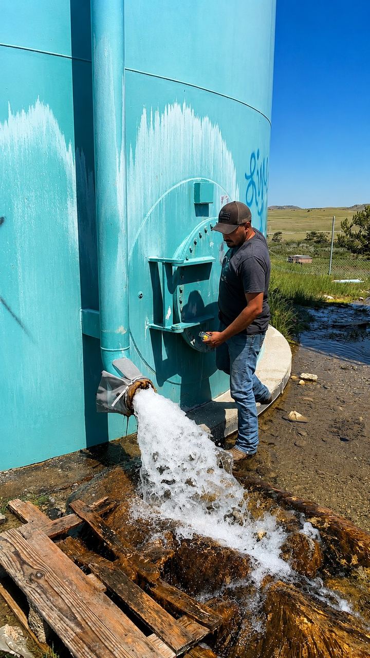 High-volume water discharge from an opened storage tank valve