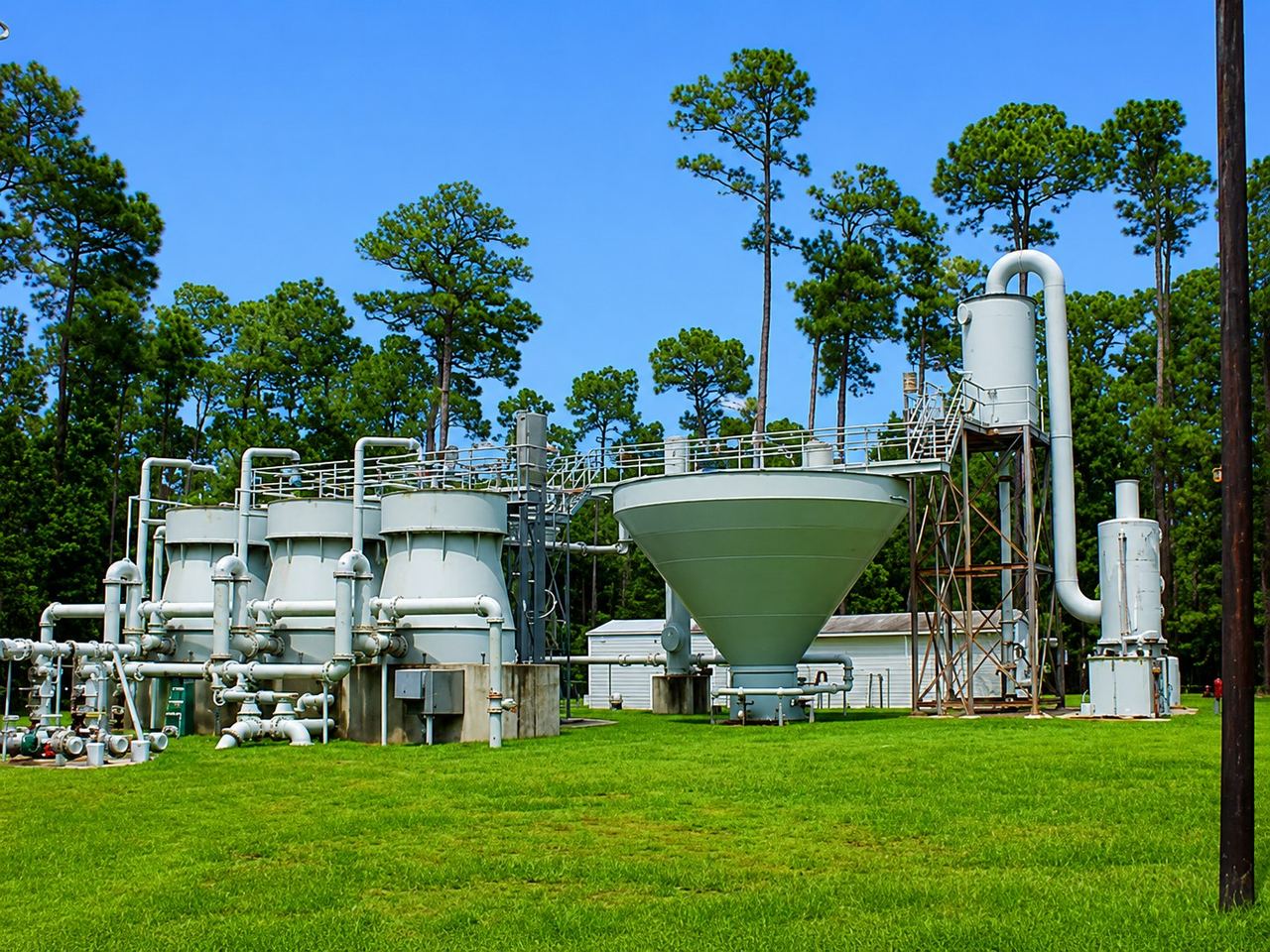 Outdoor water treatment plant equipment and clarifier among pine trees