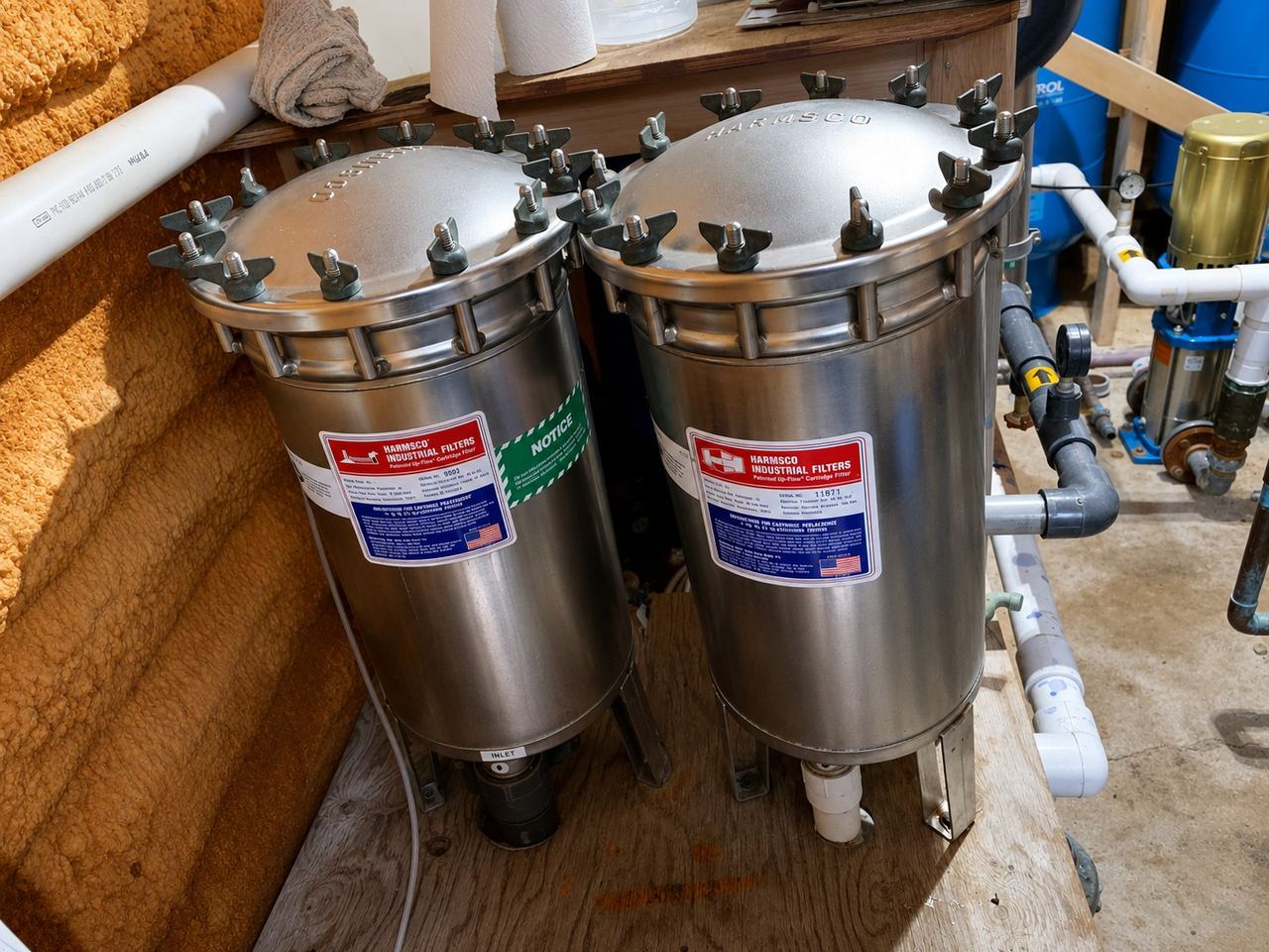 Stainless steel bag filter housings in a water treatment pump house