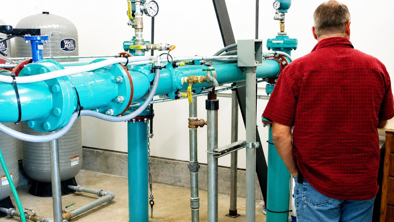 Operator beside a blue pressure-filter treatment skid with extensive valving and piping
