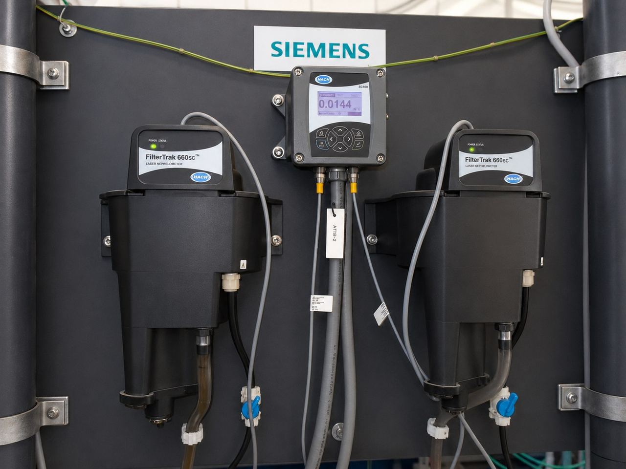 Online water-quality analyzers and controller on a treatment-plant instrument panel
